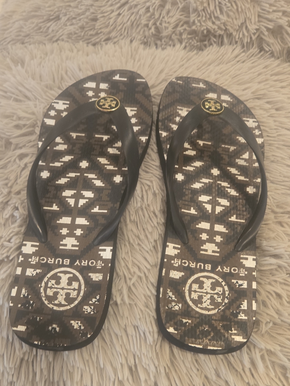 Tory Burch Brown  and Cream  Geometatic Patternrd Flip Flop Sandals
